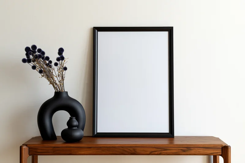 Black frame leaning against white wall on wooden console with black vase holding dried flowers