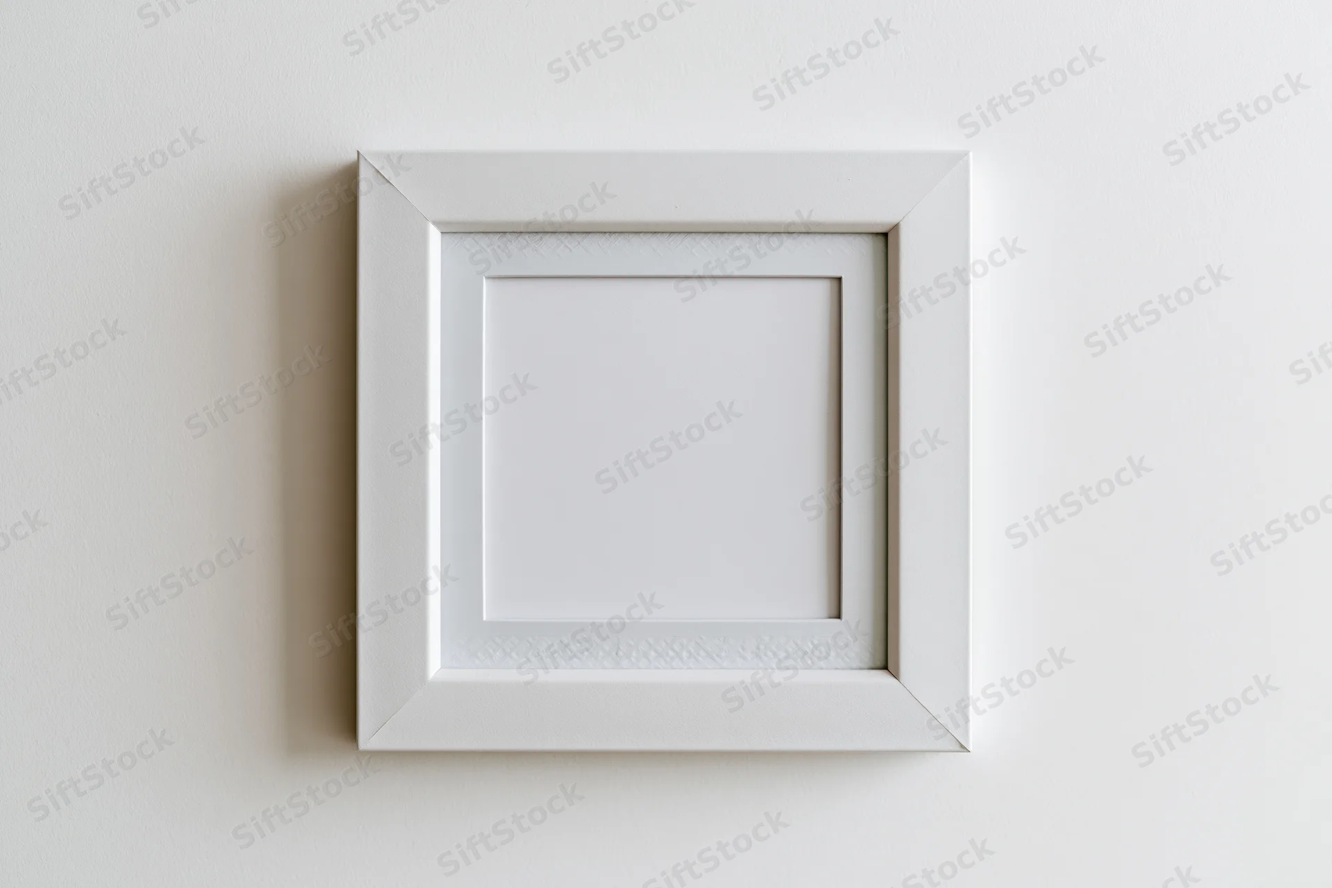 White square photo frame hanging on a plain wall with blank interior and visible shadow
