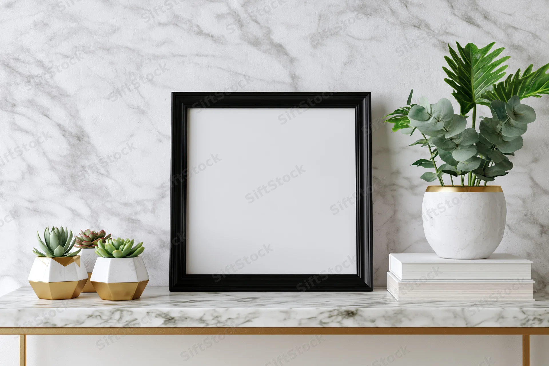 Blank black frame on marble shelf with succulents and books