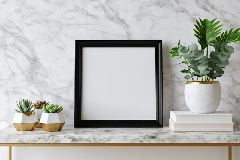 Blank black frame on marble shelf with succulents and books