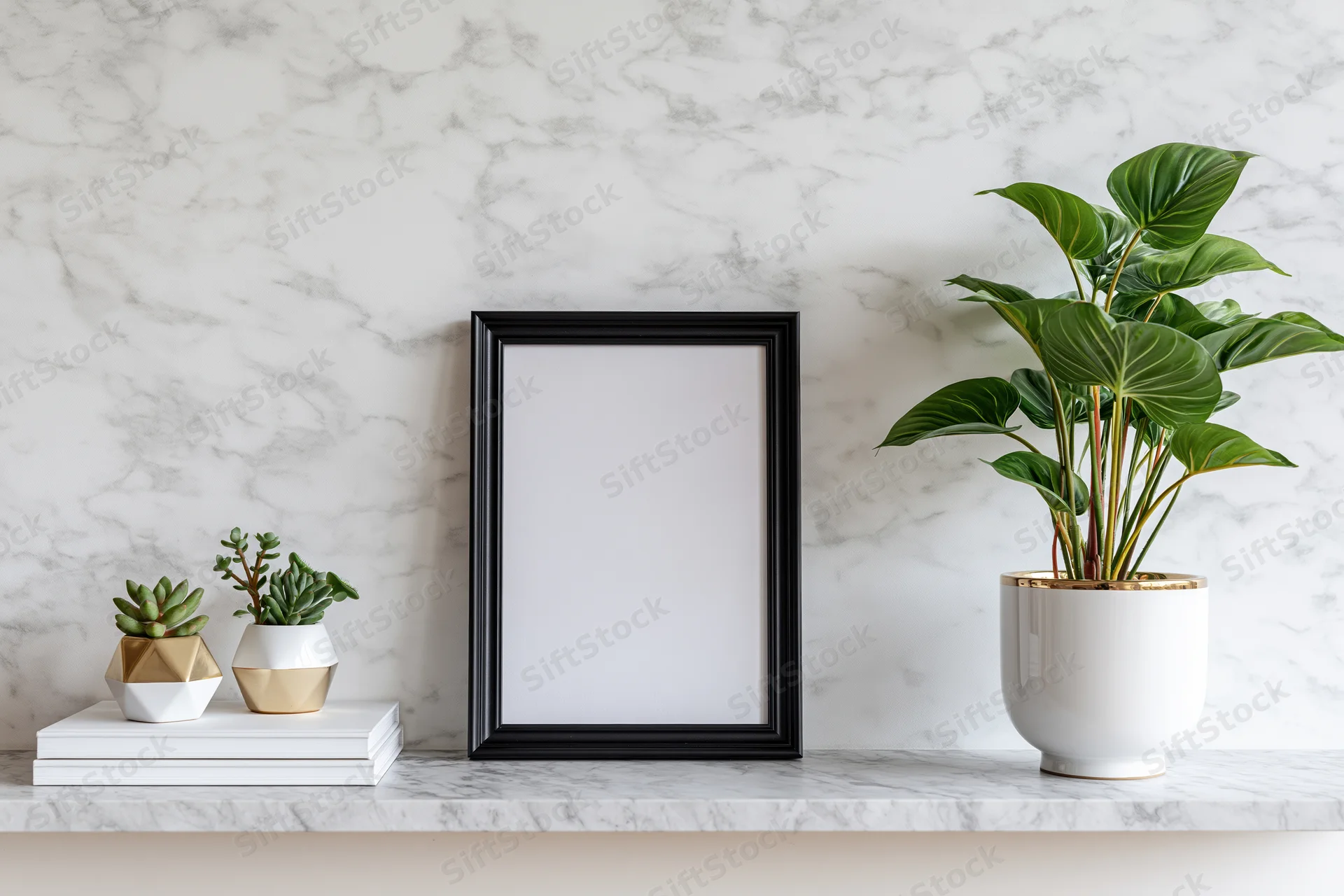 Blank black frame leaning on marble shelf beside potted plants and books