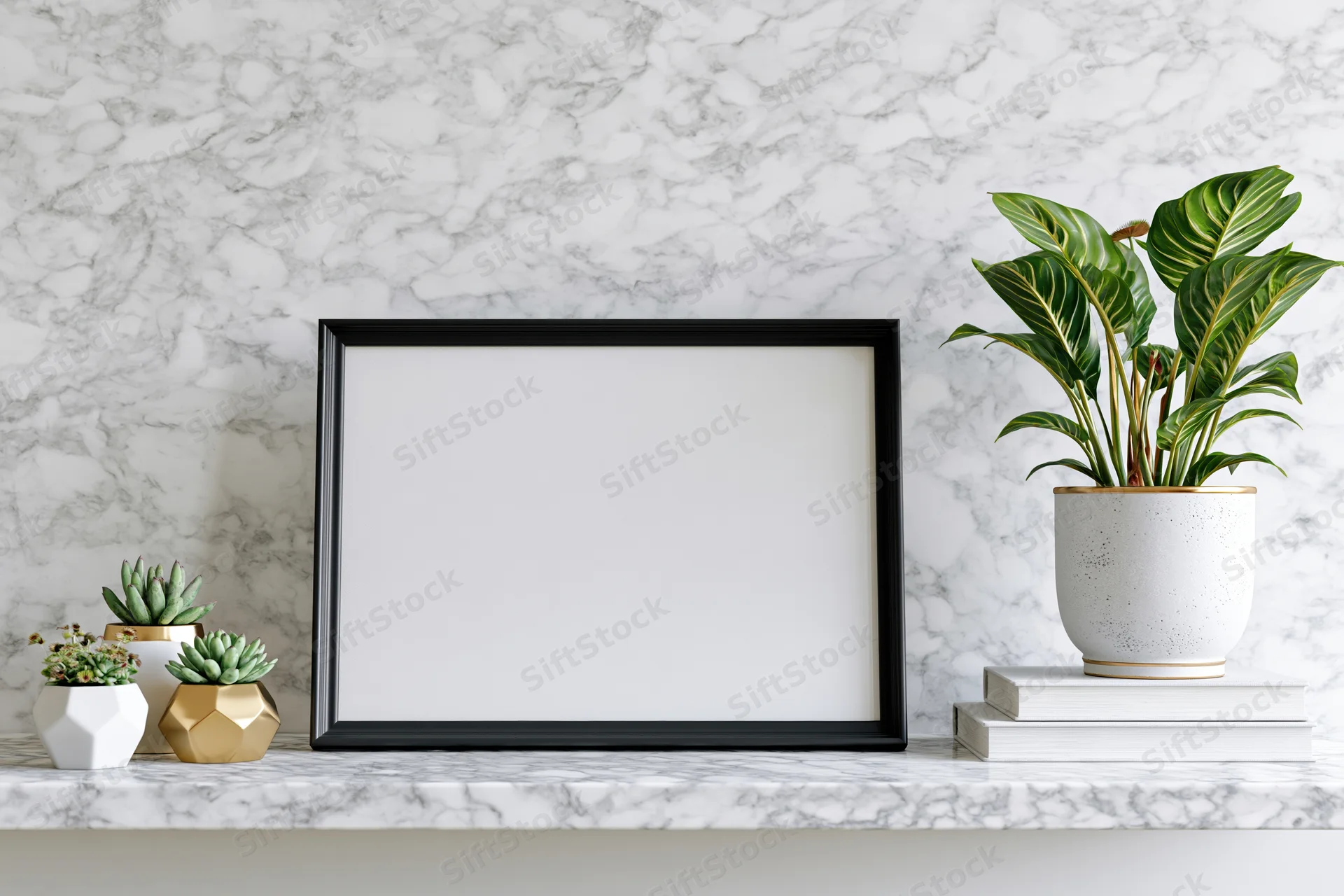 Blank black frame leaning on marble shelf beside potted plants and books