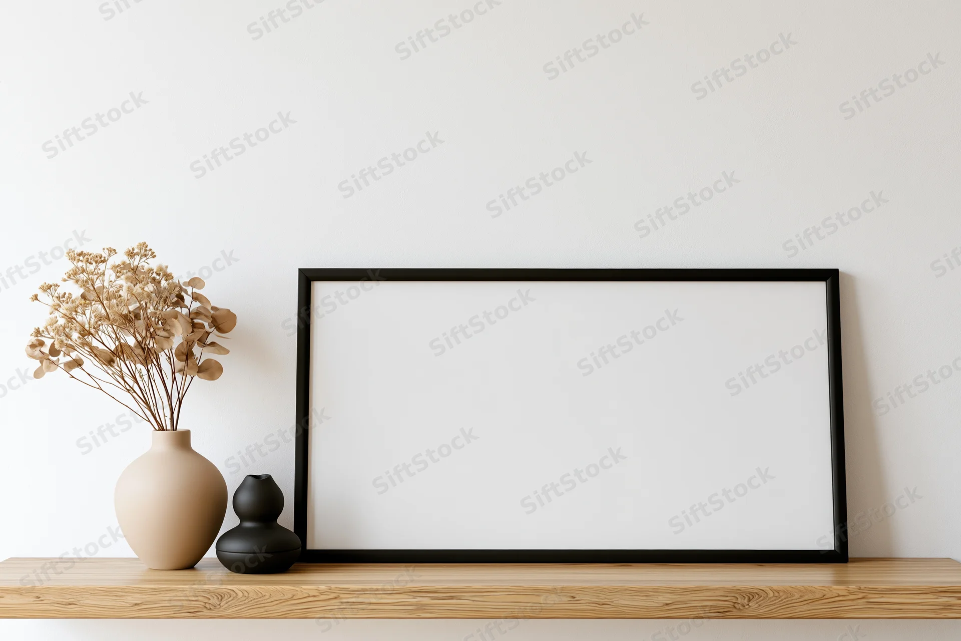 Blank black frame leaning on wooden shelf beside vases with dried flowers