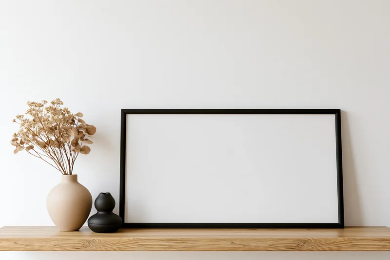 Blank black frame leaning on wooden shelf beside vases with dried flowers
