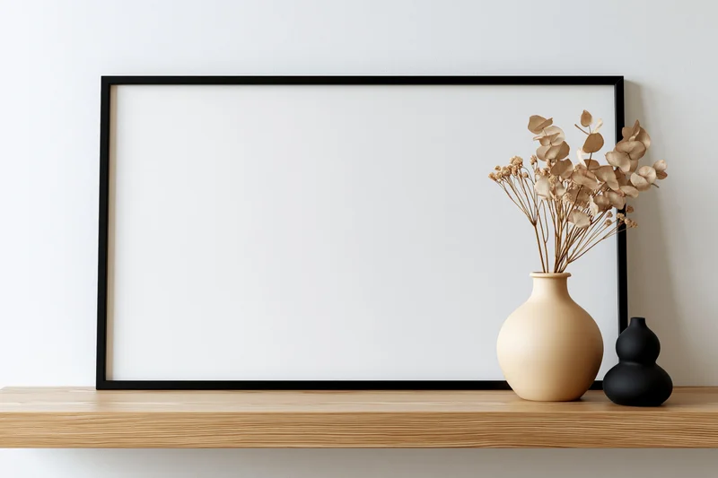 Blank black frame leaning on wooden shelf beside beige vase with dried eucalyptus and small black ceramic object