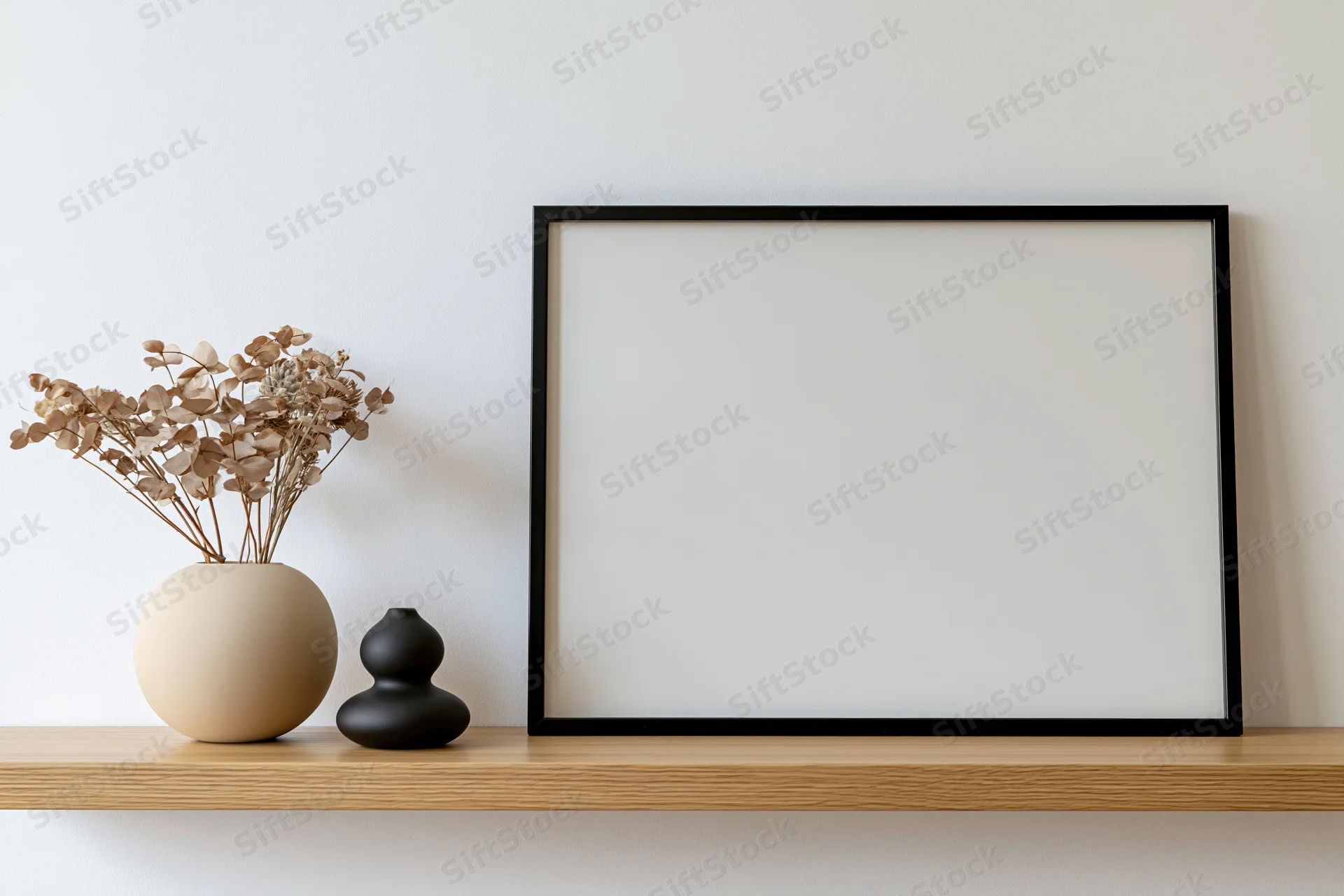 Blank black frame leaning on wooden shelf beside dried eucalyptus in beige vase and small black vase