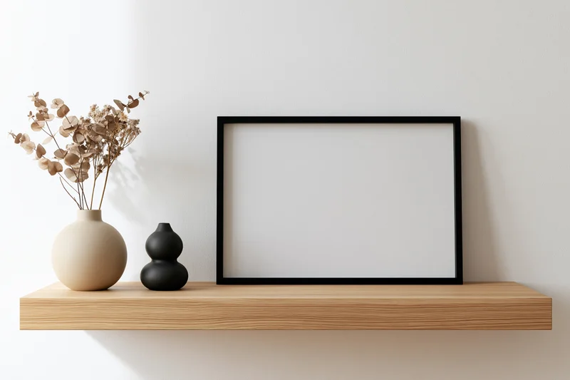 Blank black frame leaning on wooden shelf beside vases with dried flowers against white wall