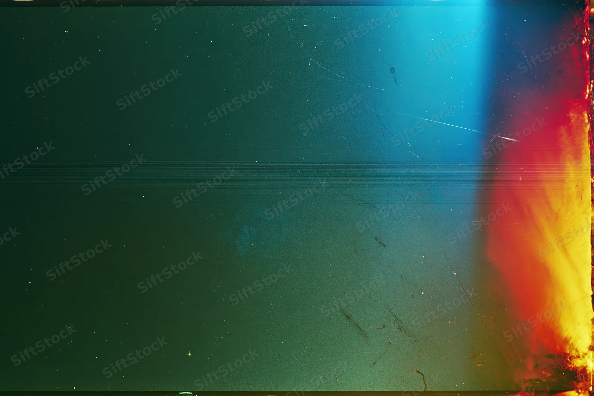 Damaged analog film frame with light leak and color gradient along the edge