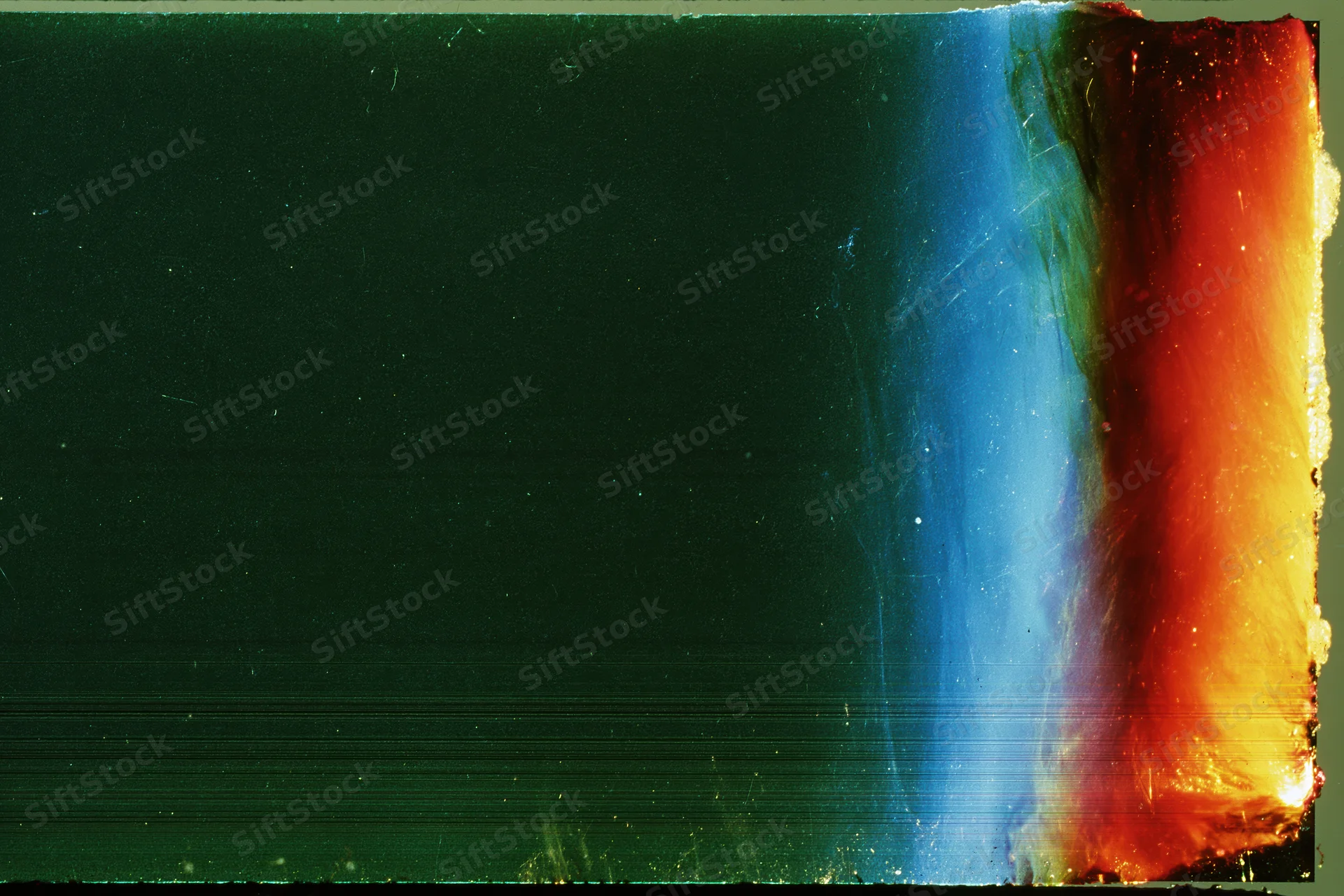 Damaged film strip with light leak and color gradient along the right edge
