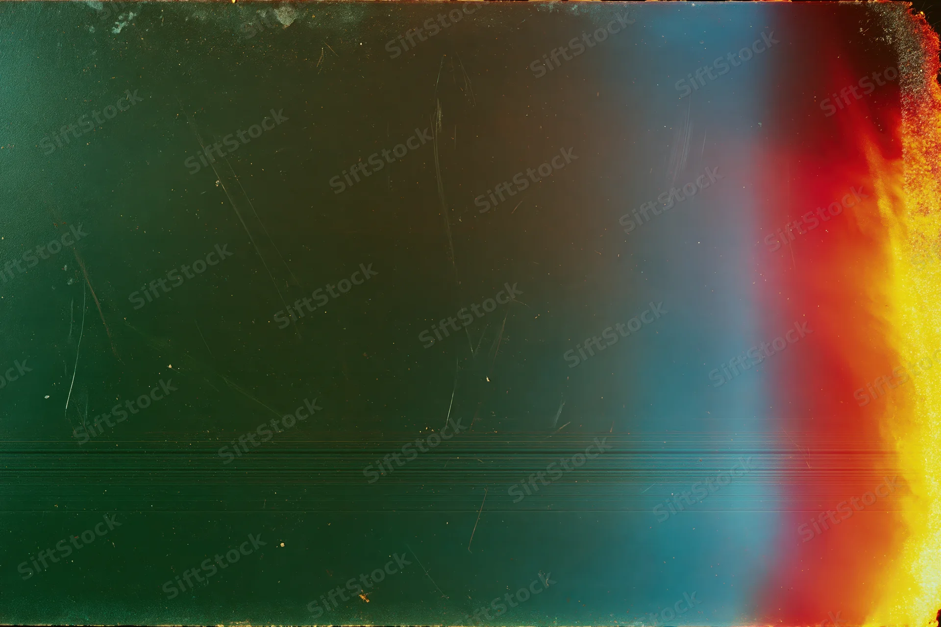Damaged analog film frame with light leak and scratches across the surface