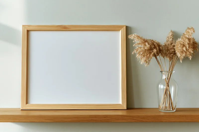 Blank wooden picture frame leaning on a shelf beside a glass vase with dried pampas grass