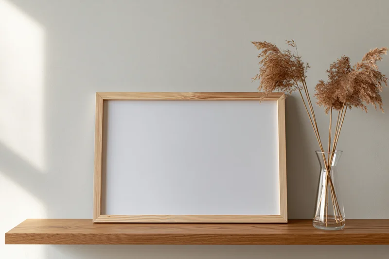 Blank wooden frame leaning on a shelf beside a vase with dried pampas grass