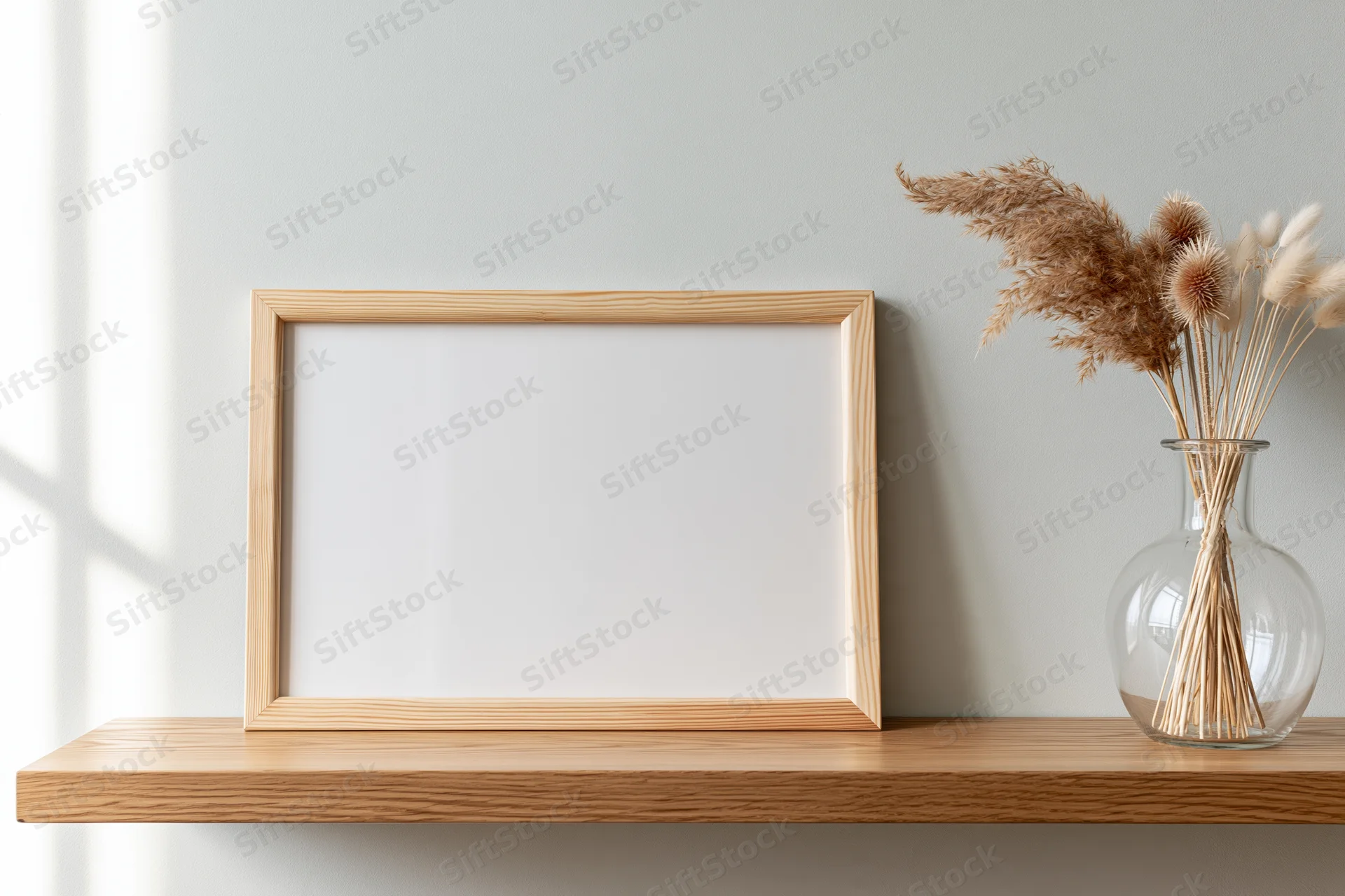 Blank light pine wood frame leaning on wooden shelf beside glass vase with dried pampas grass
