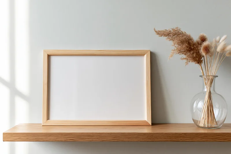 Blank light pine wood frame leaning on wooden shelf beside glass vase with dried pampas grass