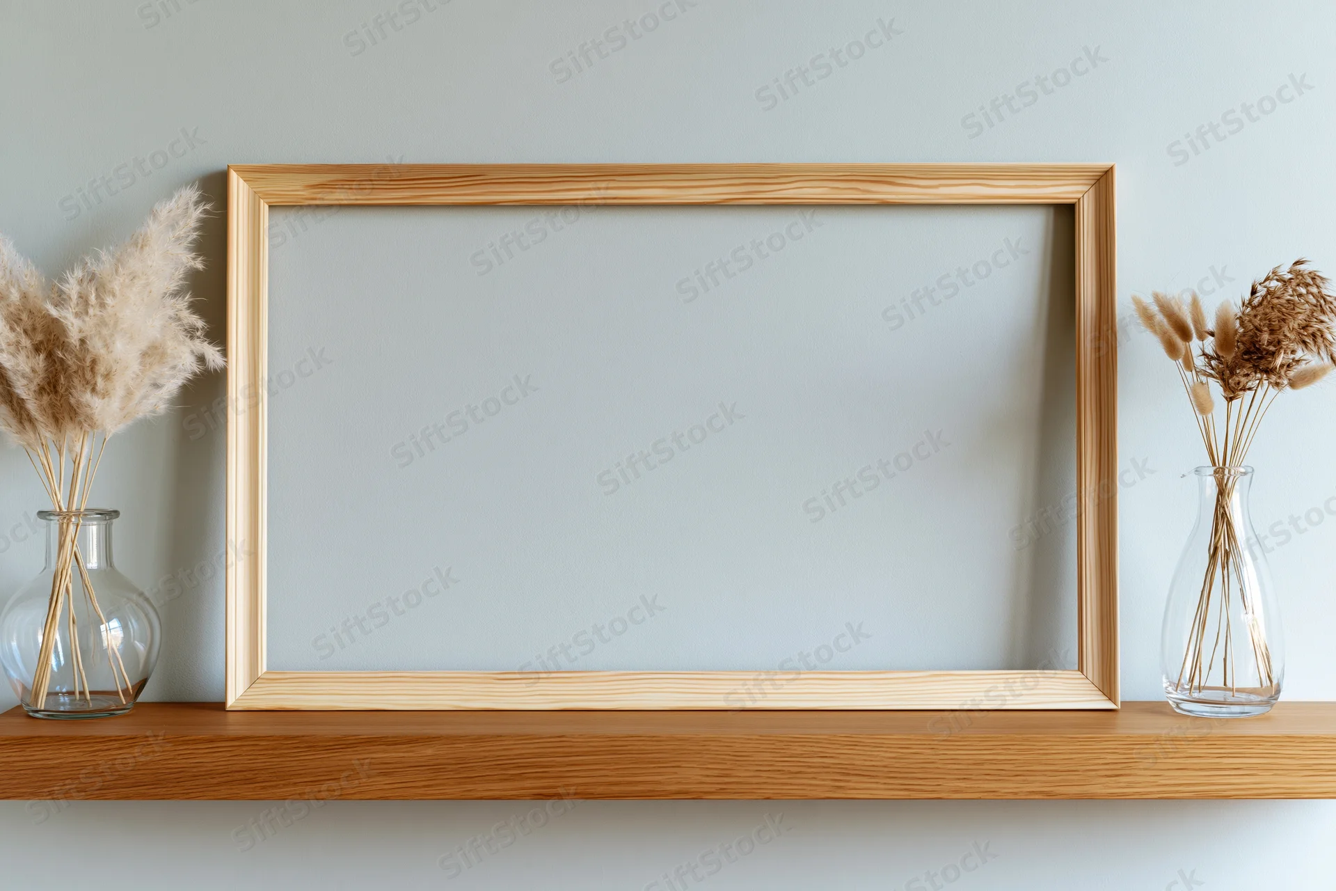 Light pine wood frame leaning on wooden shelf between two glass vases with dried pampas grass
