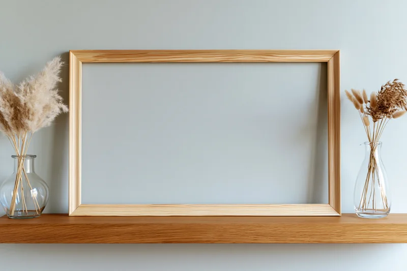 Light pine wood frame leaning on wooden shelf between two glass vases with dried pampas grass