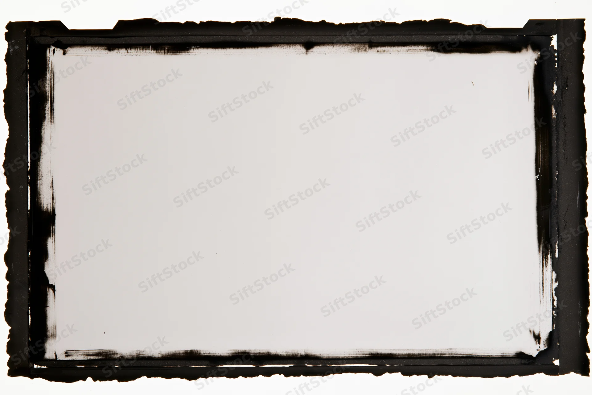 Blank film negative frame with black burnt edges on white background