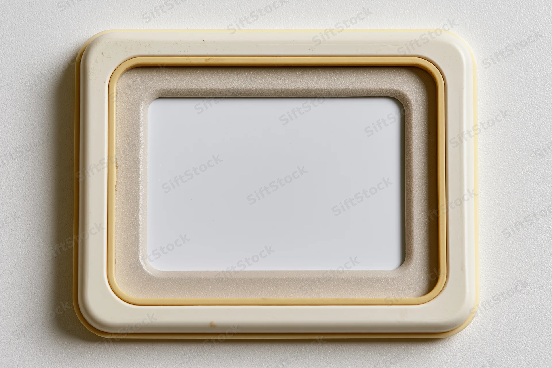 Vintage photo slide frame with empty white center in flat lay on white surface