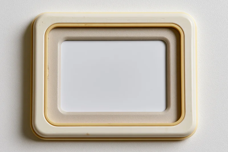 Vintage photo slide frame with empty white center in flat lay on white surface
