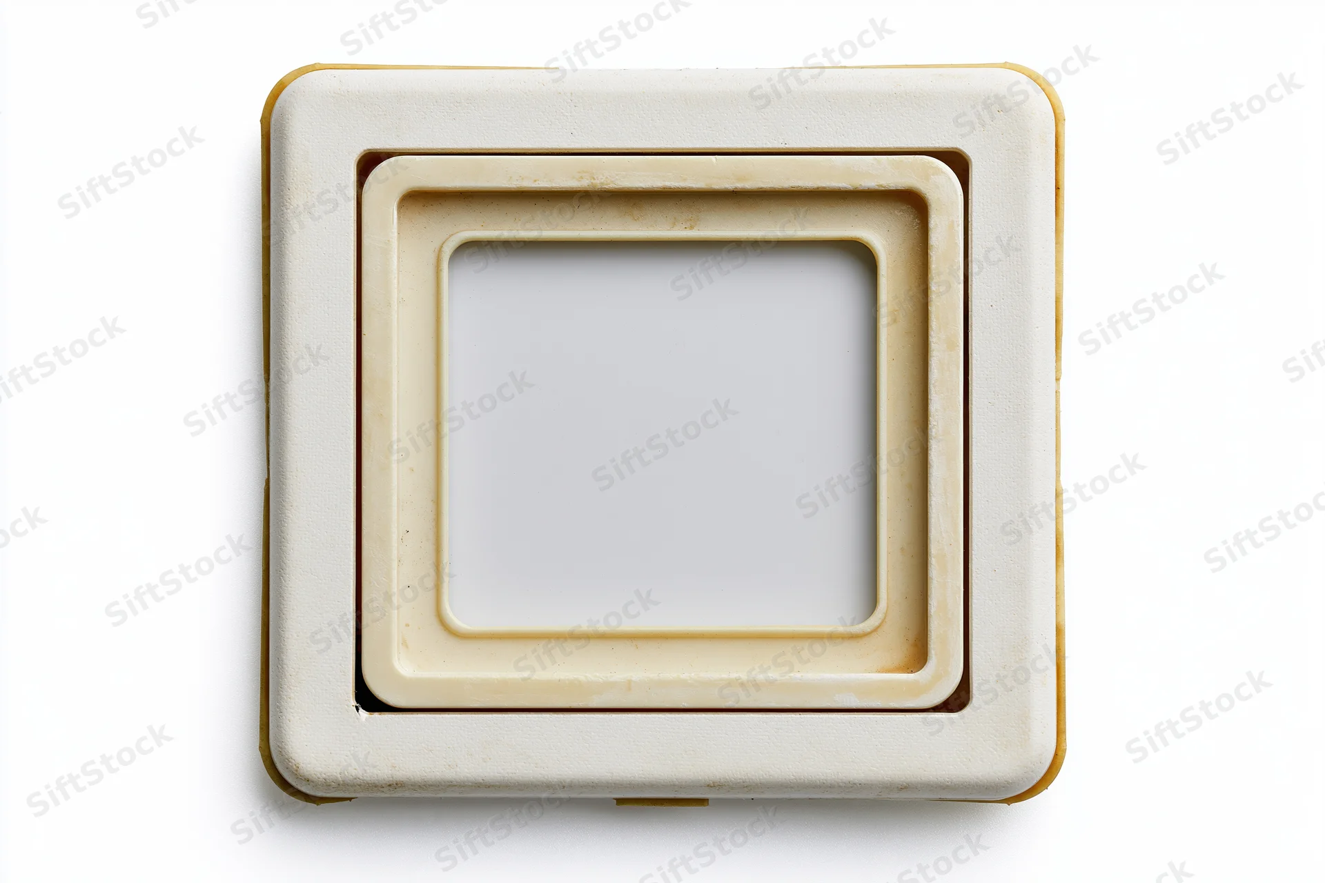 Vintage photo slide frame with empty white center in flat lay on white background