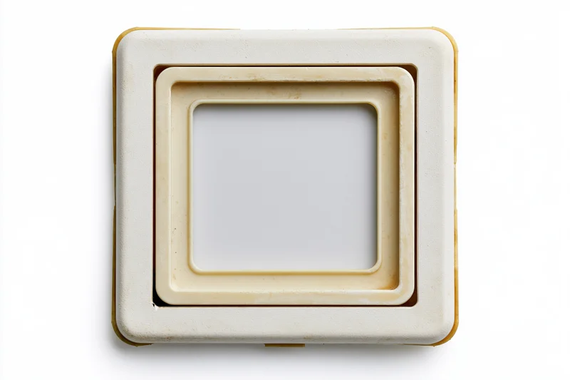 Vintage photo slide frame with empty white center in flat lay on white background