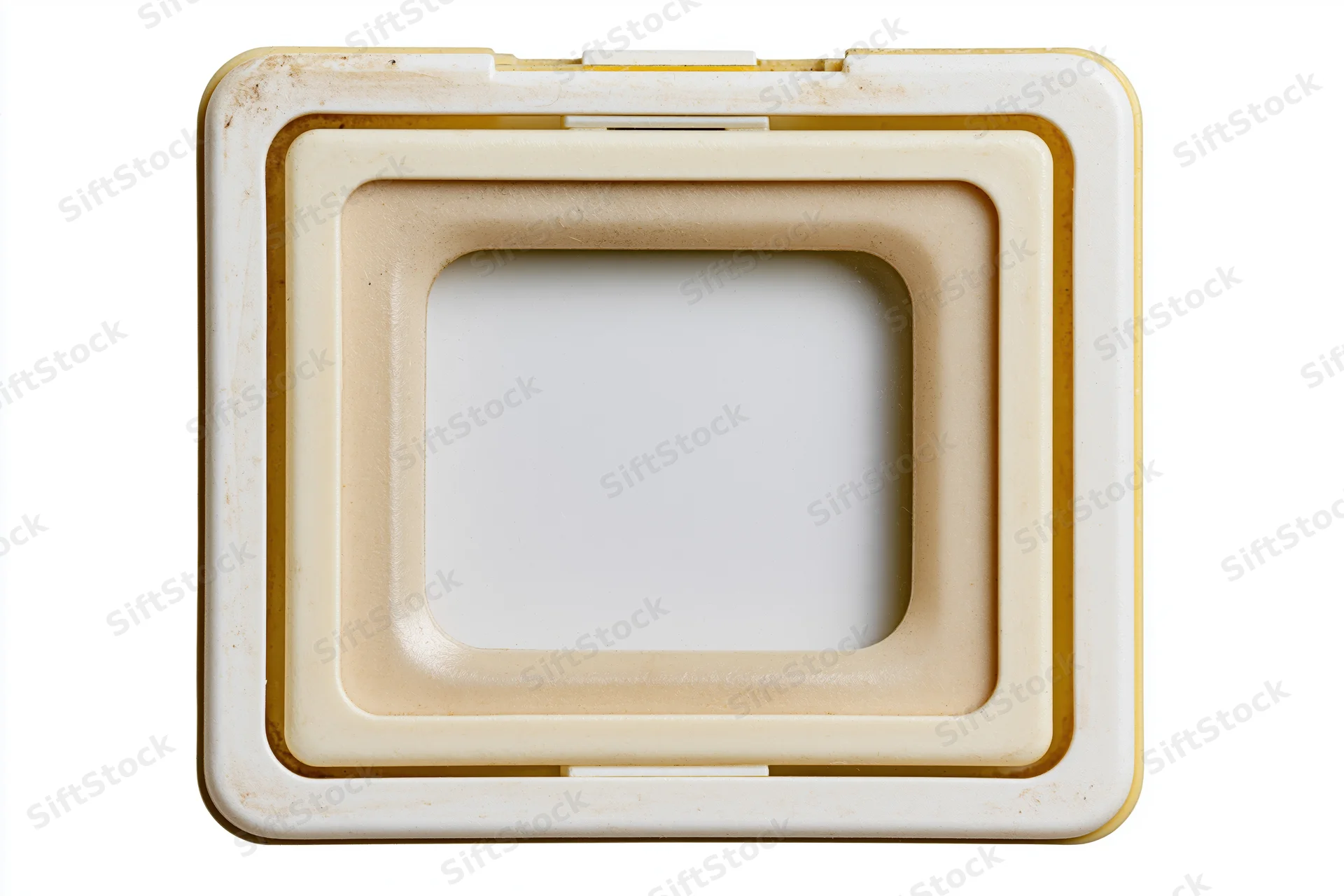 Vintage plastic slide frame with empty white center in flat lay view
