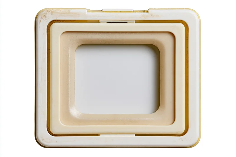 Vintage plastic slide frame with empty white center in flat lay view
