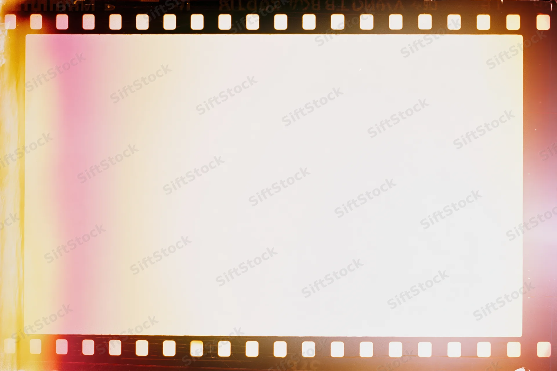 Blank overexposed 35mm film frame with light leak bleed and warm color wash
