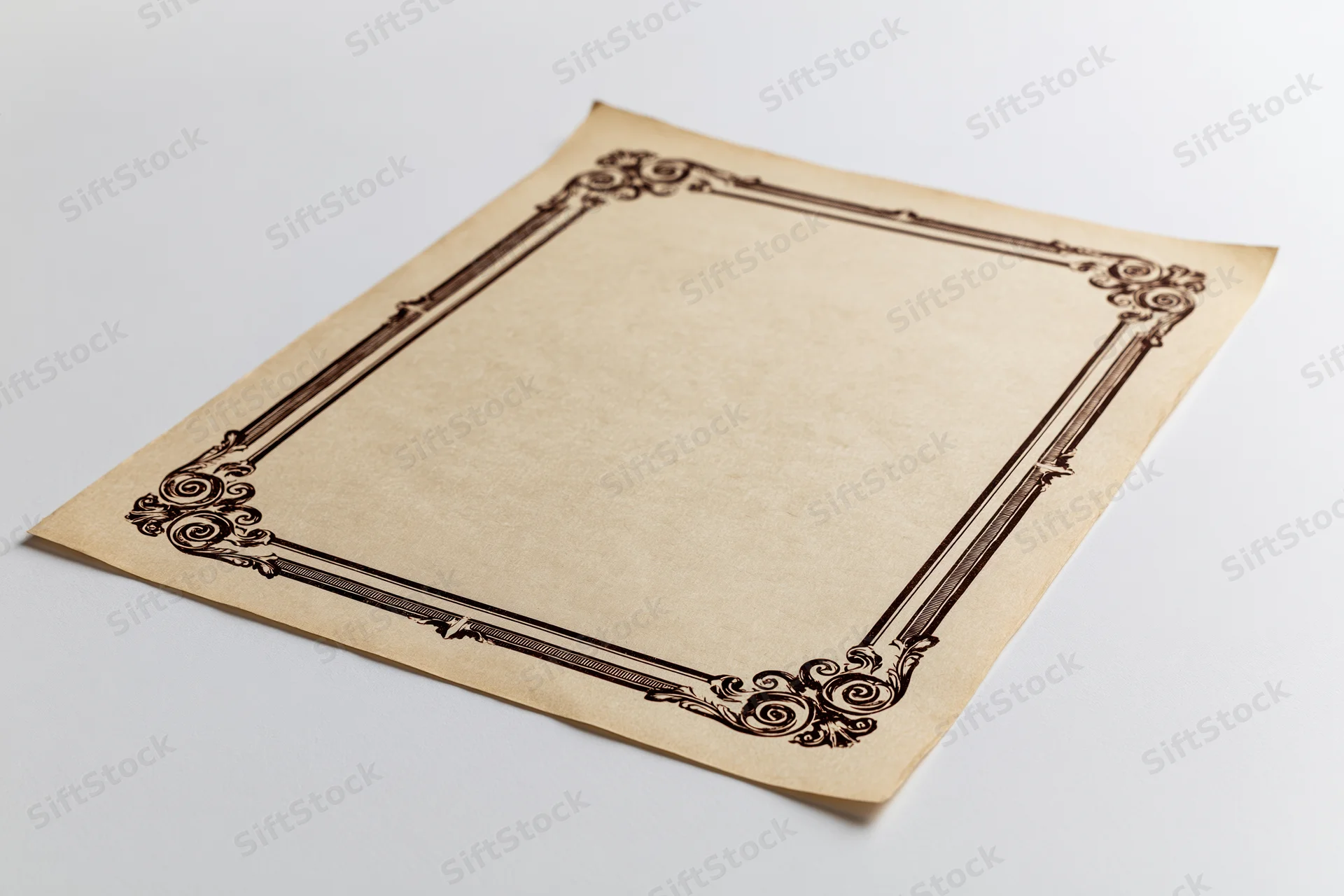 Vintage certificate template with ornate border on aged paper, isolated on white background