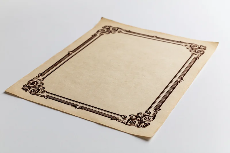 Vintage certificate template with ornate border on aged paper, isolated on white background