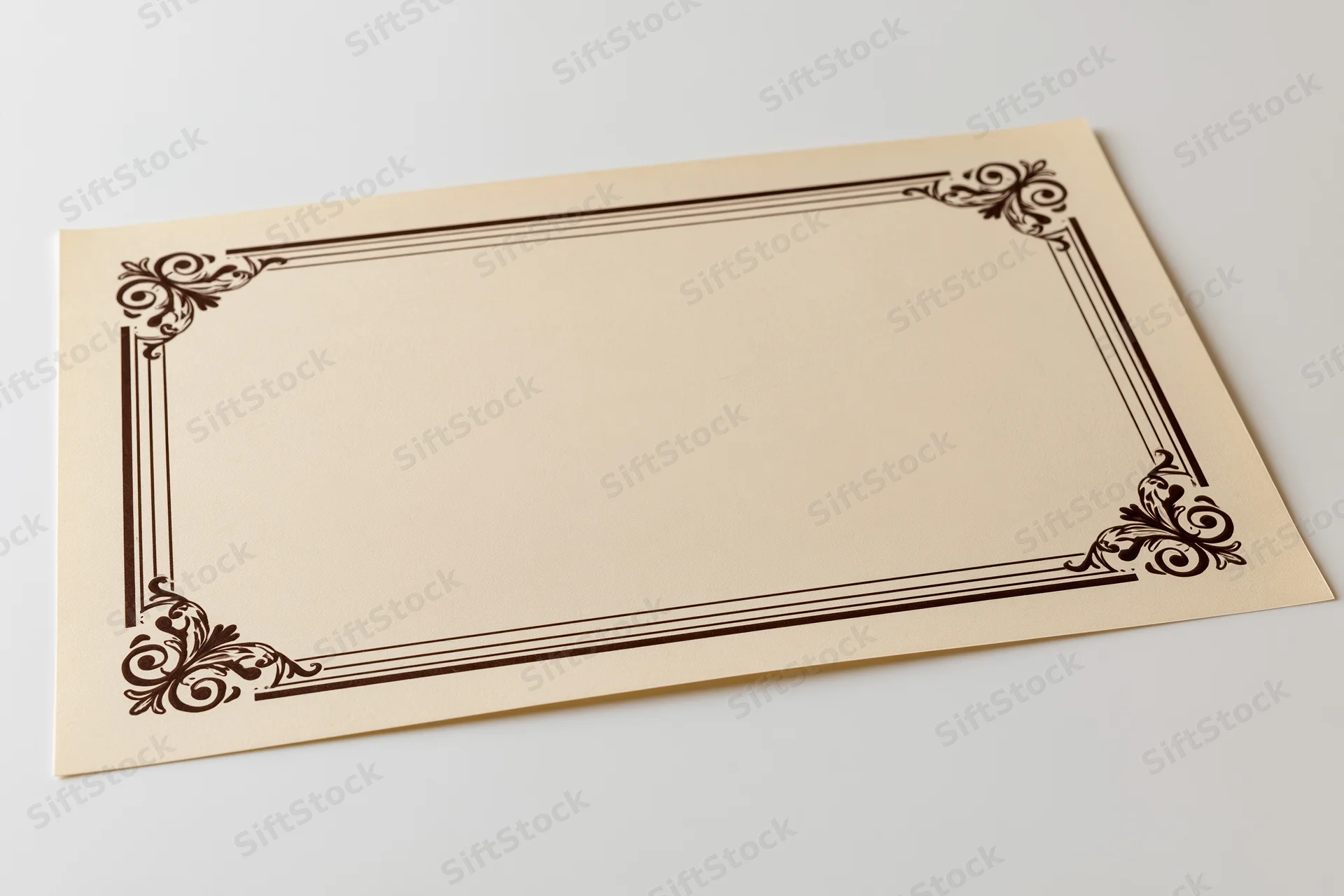 Vintage certificate template with ornate border on beige paper, blank for text, isolated on white background
