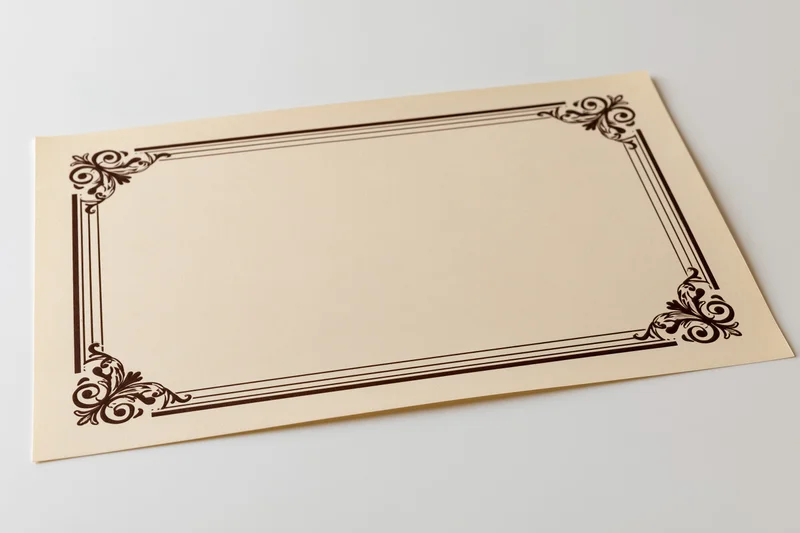 Vintage certificate template with ornate border on beige paper, blank for text, isolated on white background
