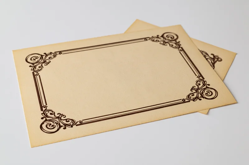 Vintage certificate template with ornate border on aged paper, isolated on white background