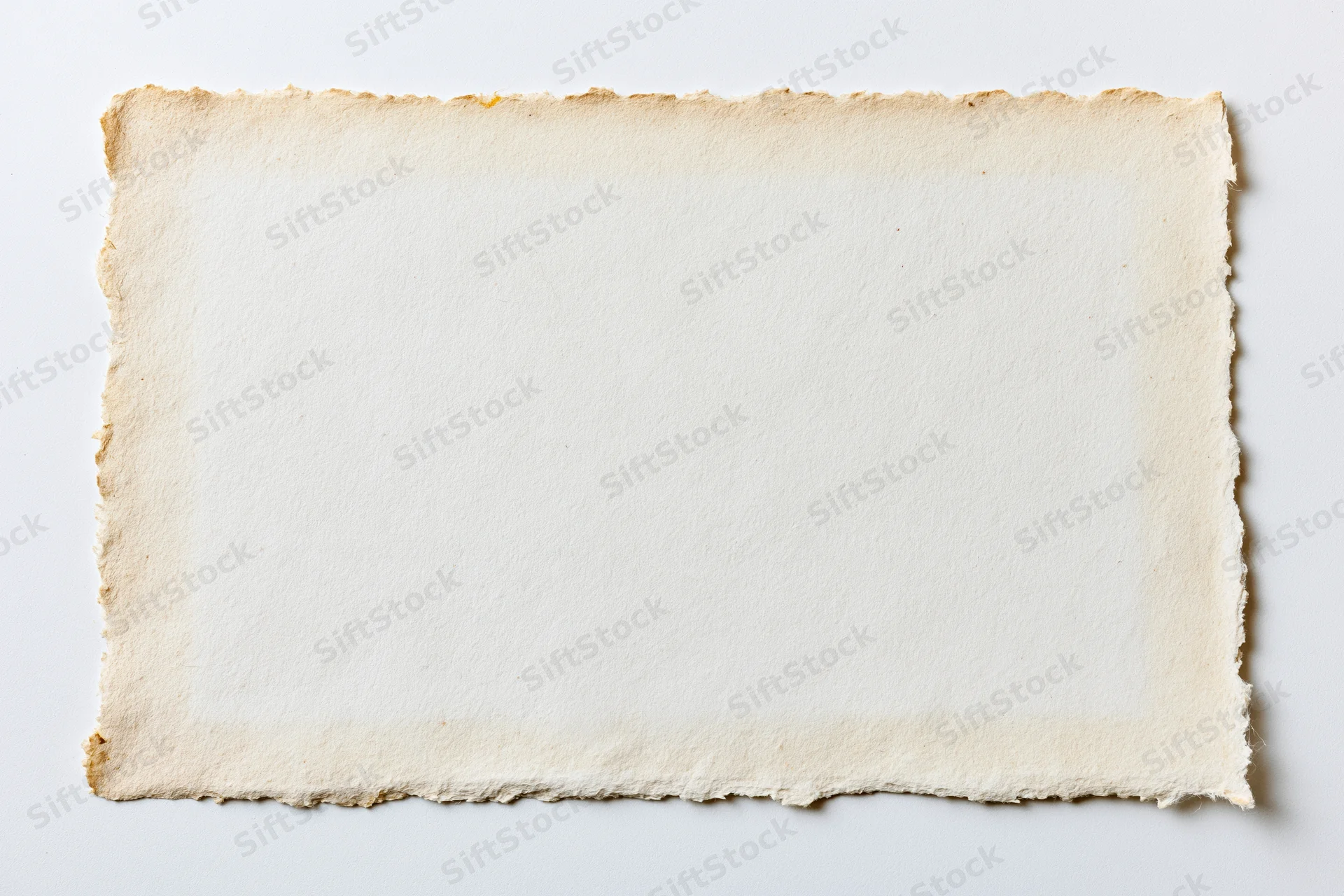 Blank vintage paper with deckled edges lying flat on white background