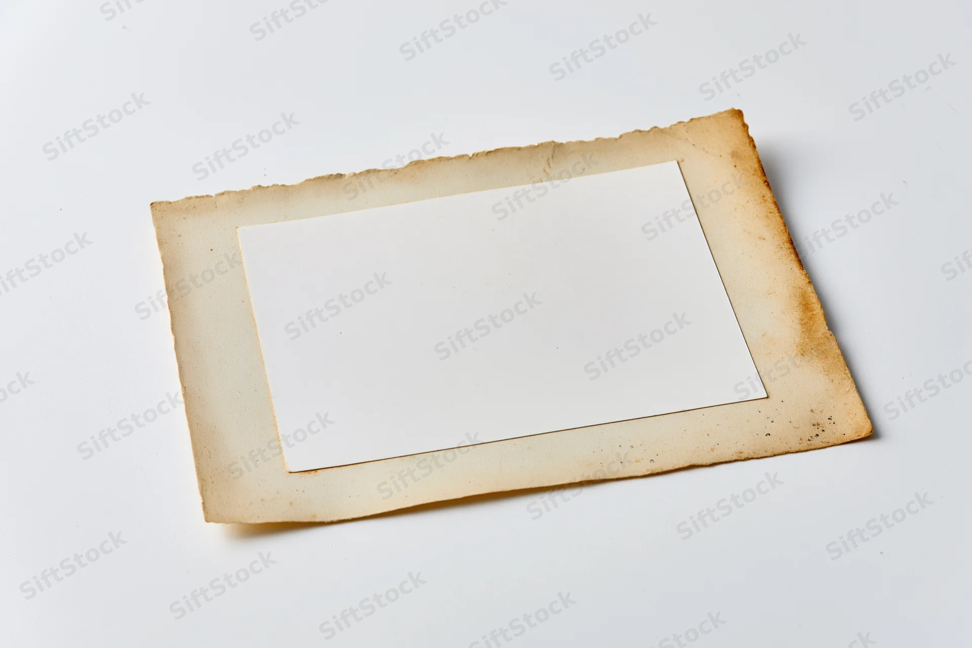 Vintage photo print with blank white center and aged torn edges on white background