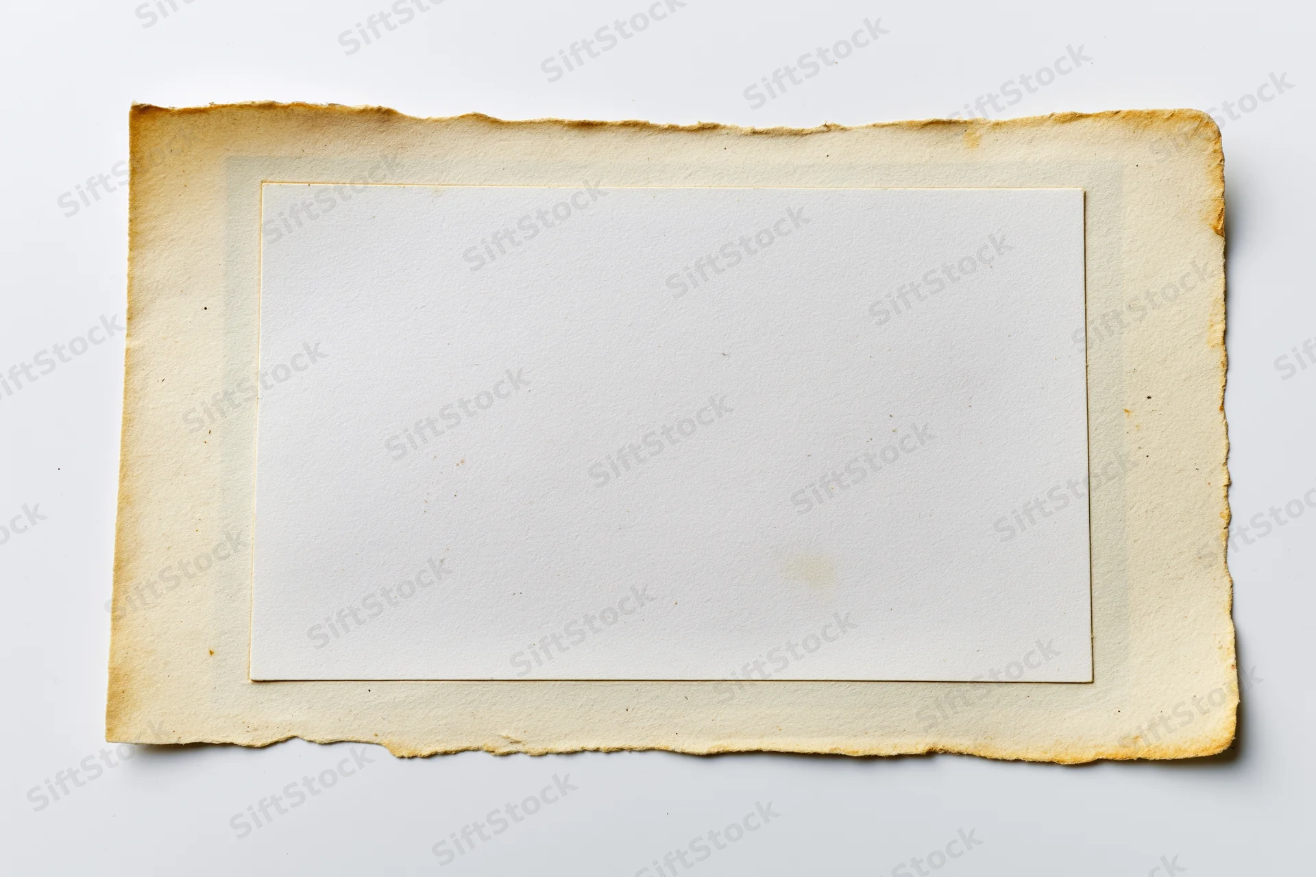 Vintage photo print with blank white center and aged torn border on white background