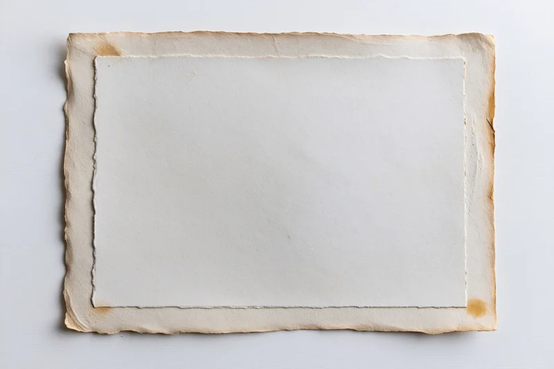 Blank vintage photo print with deckled edges lying flat on white surface