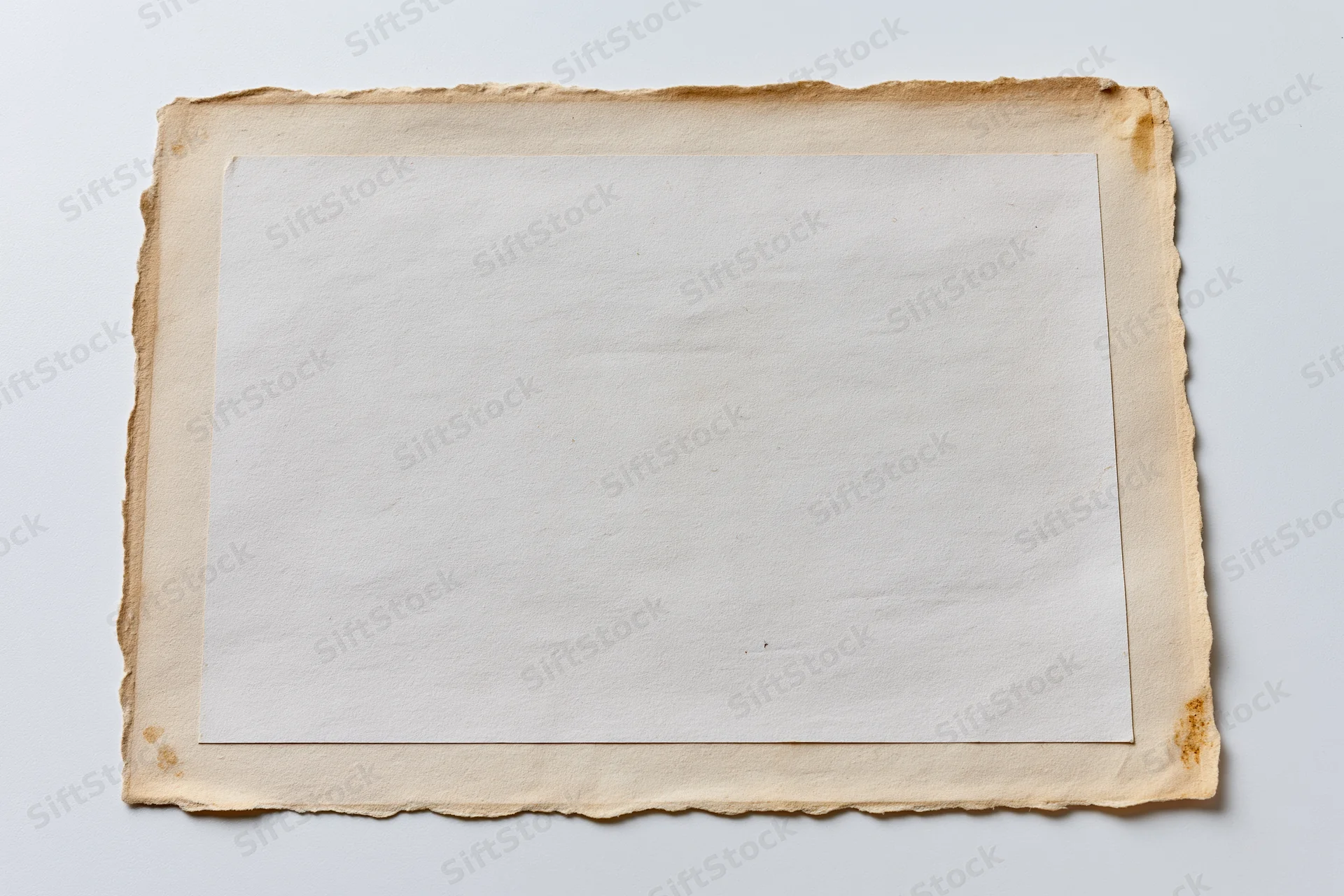 Vintage photo print with deckled edges lying flat on white background