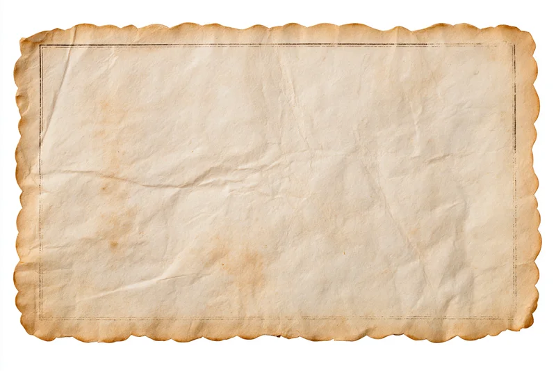 Vintage paper with scalloped edges and crumpled texture lying flat on white background