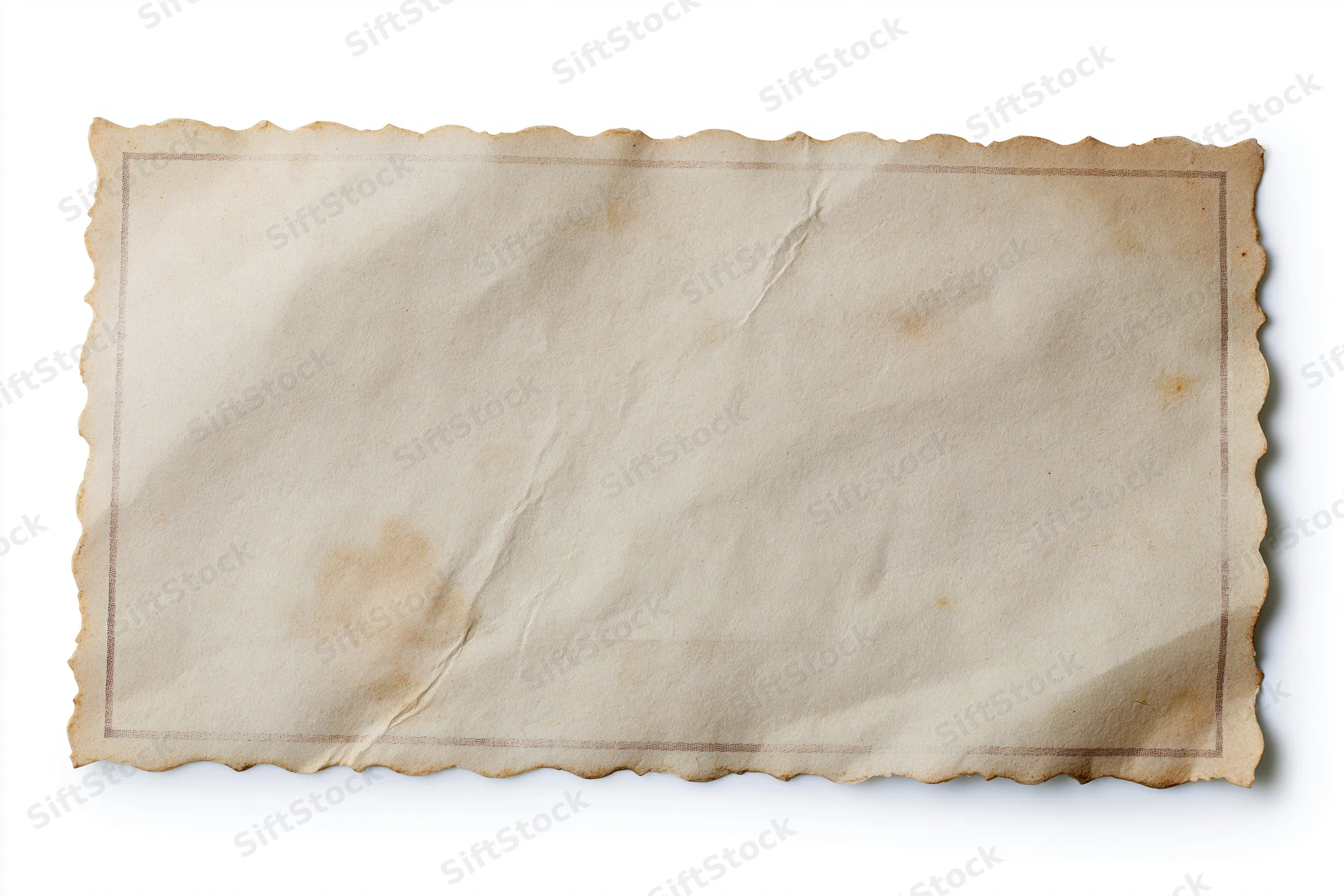 Vintage paper with scalloped edges and brown stains lying flat on white background