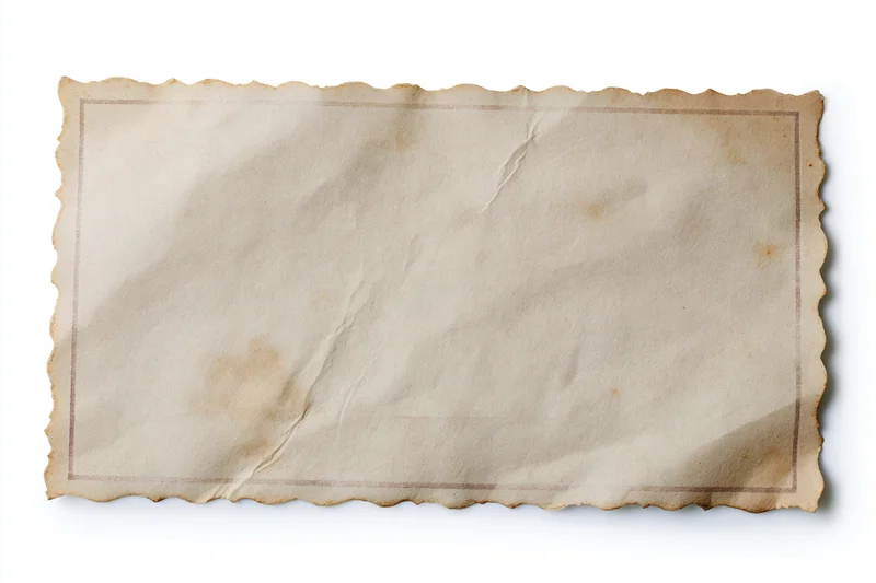 Vintage paper with scalloped edges and brown stains lying flat on white background