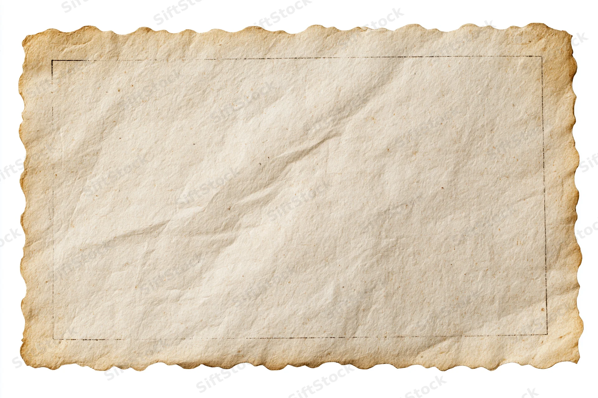 Vintage photograph paper with scalloped edges and dashed border lying flat on white background