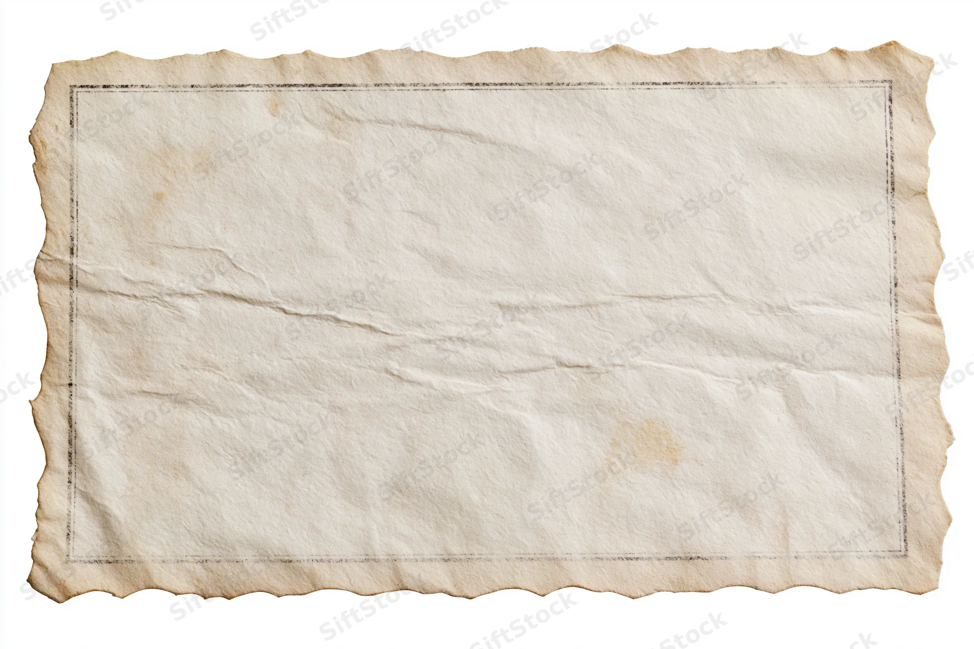 Aged vintage paper with crumpled texture and dark border lying flat on white background