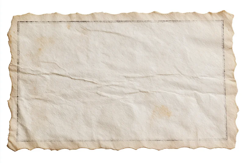 Aged vintage paper with crumpled texture and dark border lying flat on white background