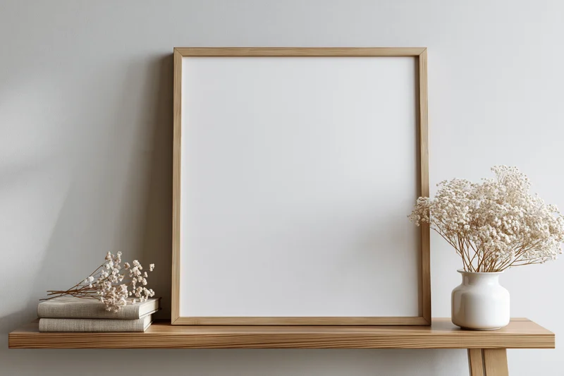 Blank white canvas in light pine wood frame leaning on wooden shelf with dried flowers and books