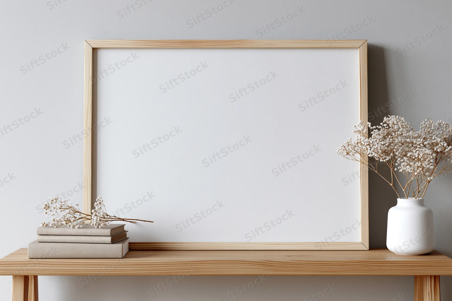 Blank white canvas in light pine frame leaning on wooden table with dried flowers and books