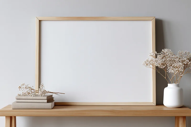 Blank white canvas in light pine frame leaning on wooden table with dried flowers and books