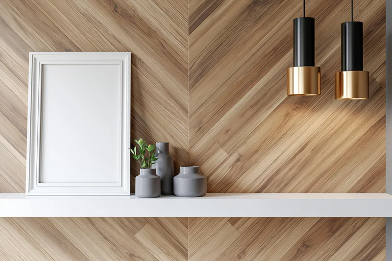Blank white frame leaning on a white shelf against a herringbone wood wall with pendant lights and vases