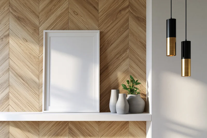 Blank white frame on a white shelf against herringbone wood wall with vases and pendant lights