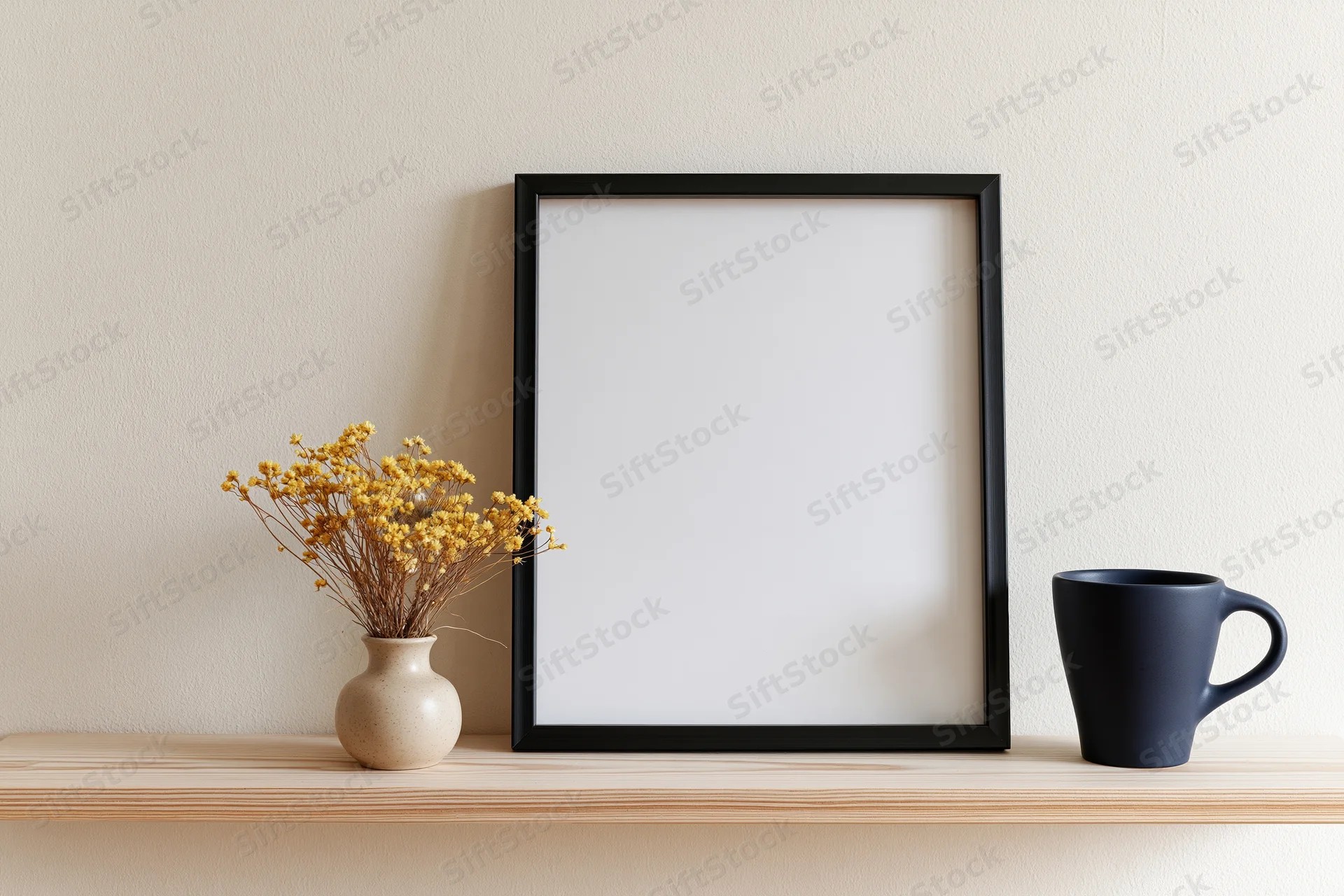 Blank white picture frame leaning on wooden shelf beside vase of dried yellow flowers and navy mug against cream wall